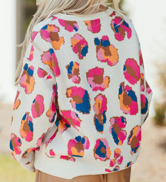 Multi Colored Leopard Round Neck Sweater - Blissful Boutique