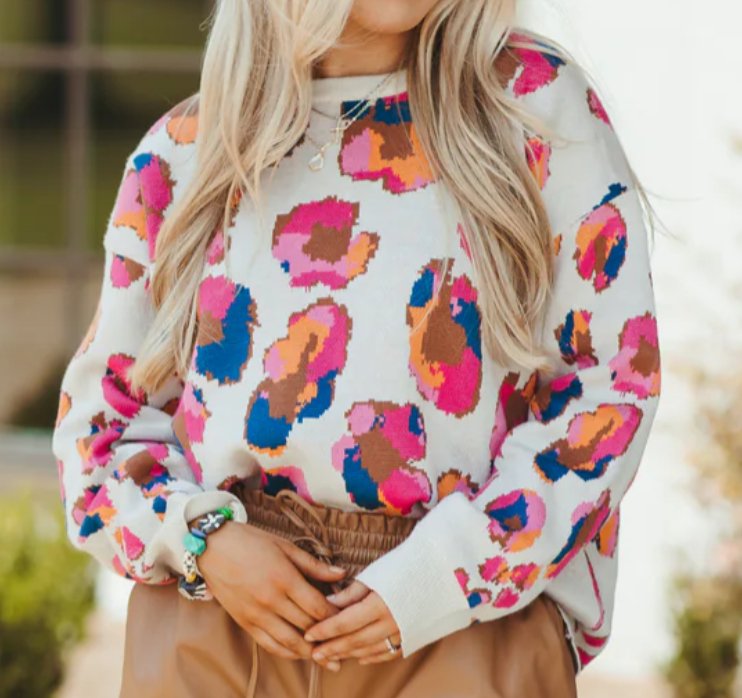 Multi Colored Leopard Round Neck Sweater - Blissful Boutique