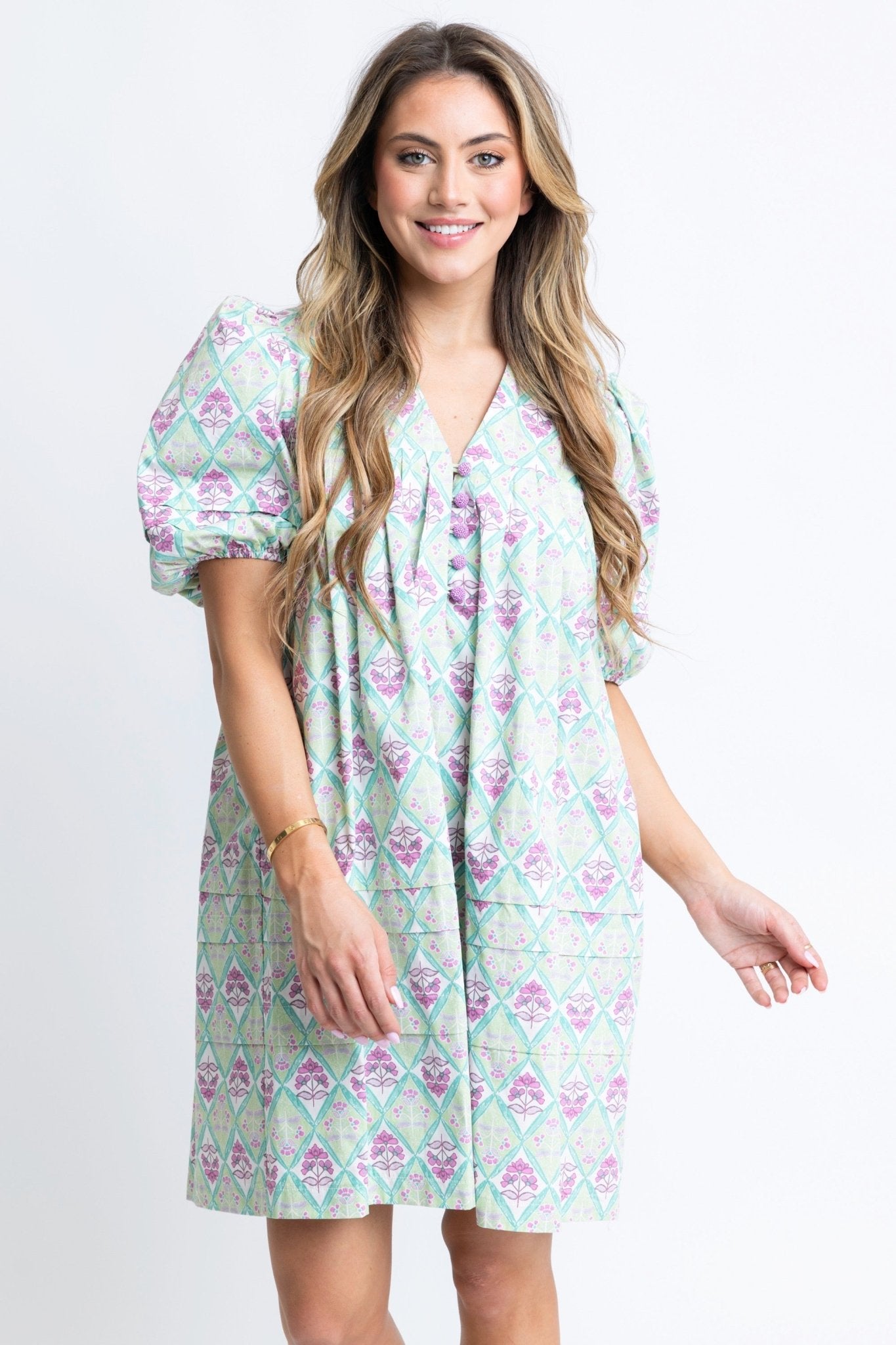 Paris Floral Vneck Puff Sleeve Dress - Blissful Boutique