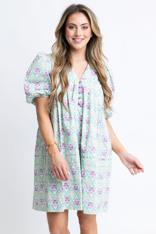 Paris Floral Vneck Puff Sleeve Dress - Blissful Boutique