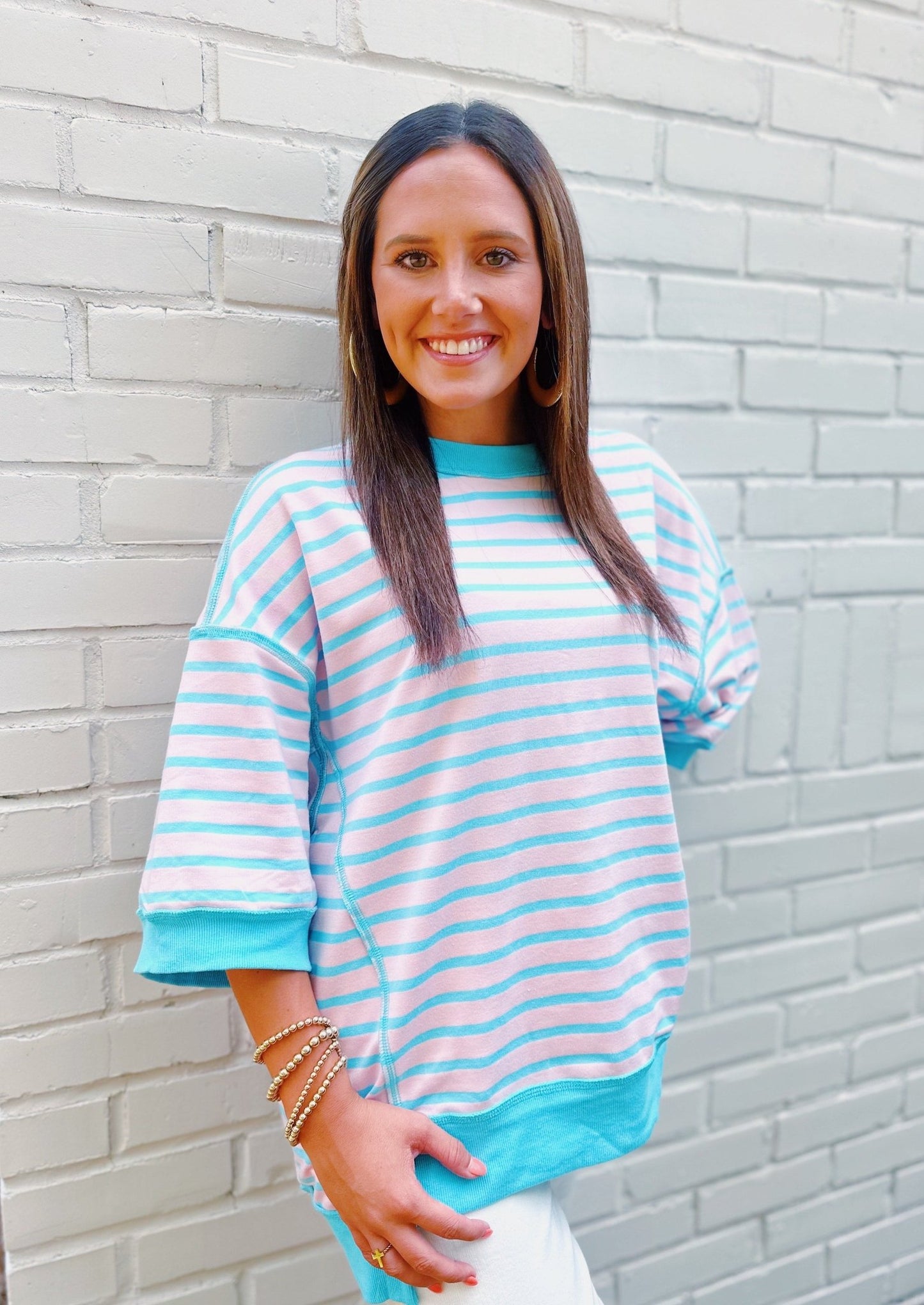 Pink Stripe Light Pink and Blue Stripe French Terry Top - Blissful Boutique