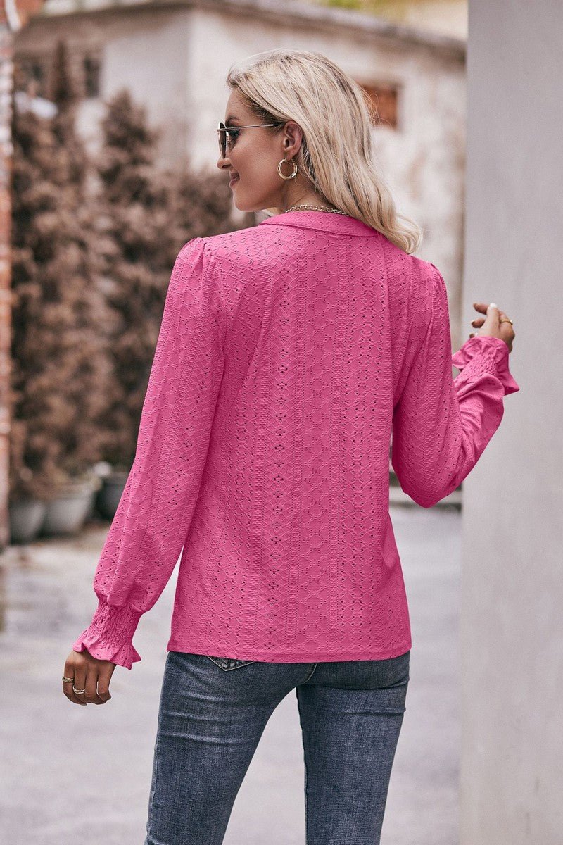 Pink V - neck Long Sleeve Pullover Top - Blissful Boutique