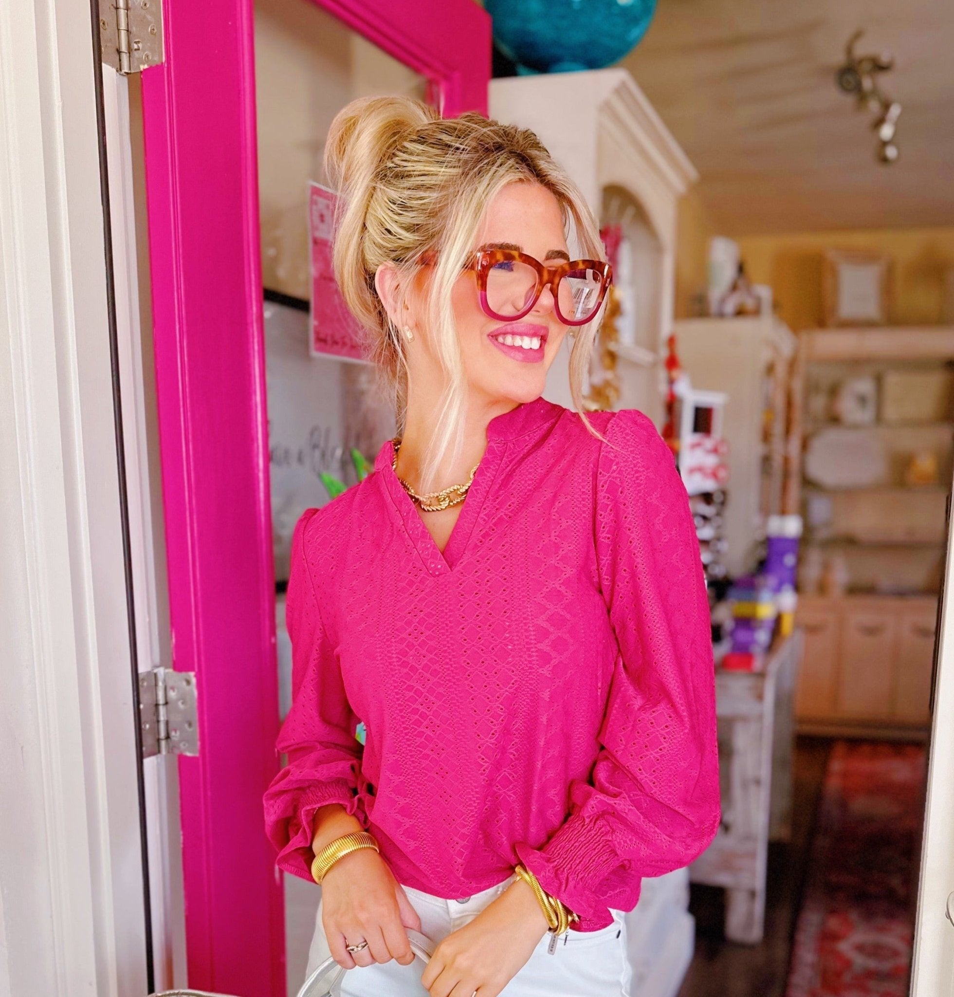 Pink V - neck Long Sleeve Pullover Top - Blissful Boutique