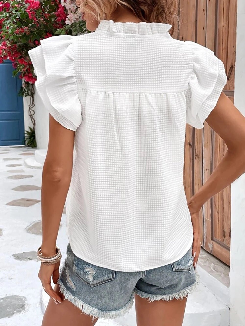 Plain V Neck Texture Checkered Ruffles Top - Blissful Boutique