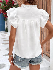 Plain V Neck Texture Checkered Ruffles Top - Blissful Boutique