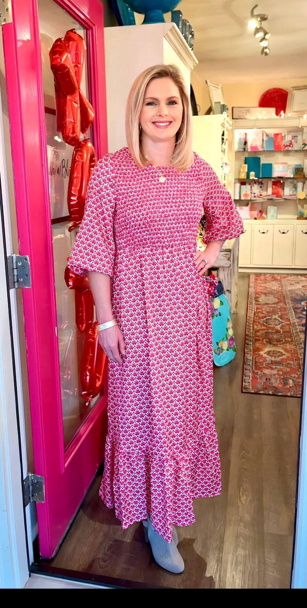 Print Three Quarter Puff Sleeve Maxi Dress - Blissful Boutique