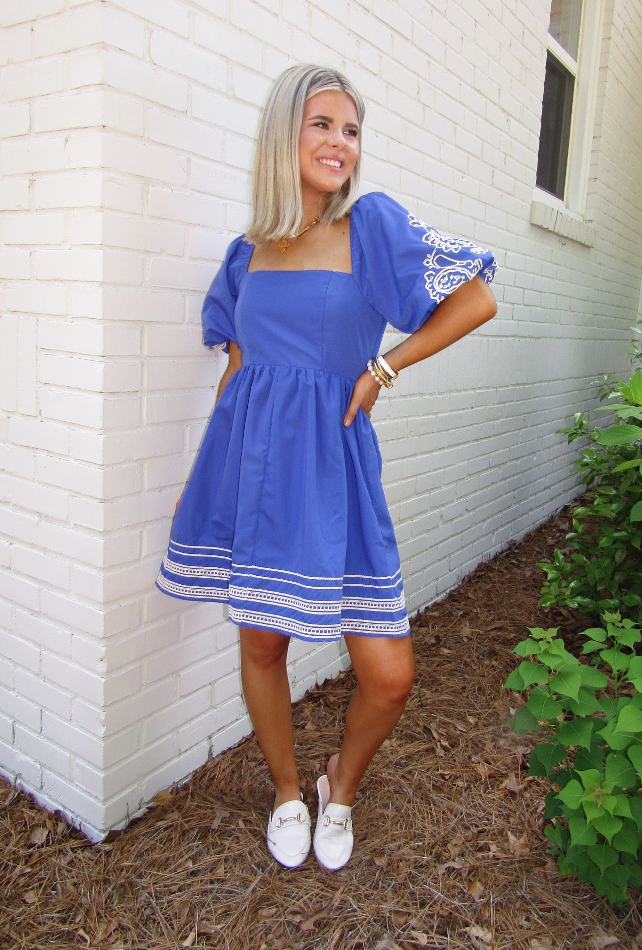 Puff Sleeve Embroidered Square Neck Mini Dress - Blissful Boutique