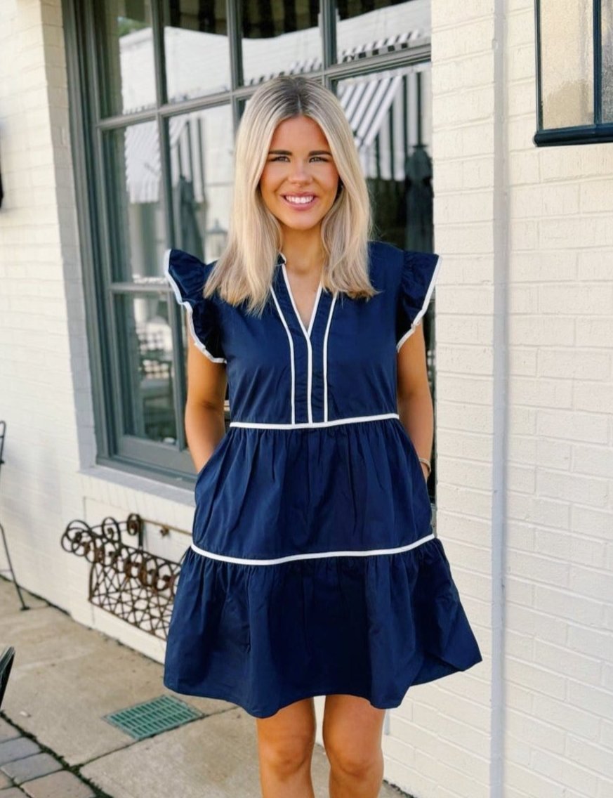 Ruffle Sleeve Tiered Dress with Contrast Piping - Blissful Boutique