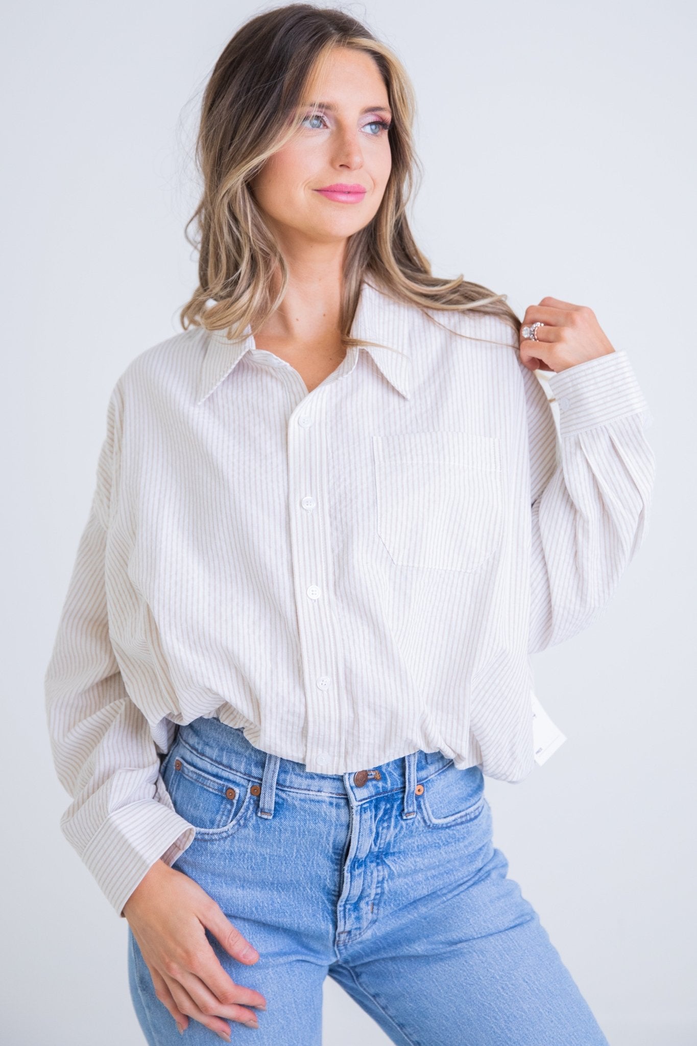 Seersucker Stripe Pocket Bubble Button Up Top - Blissful Boutique