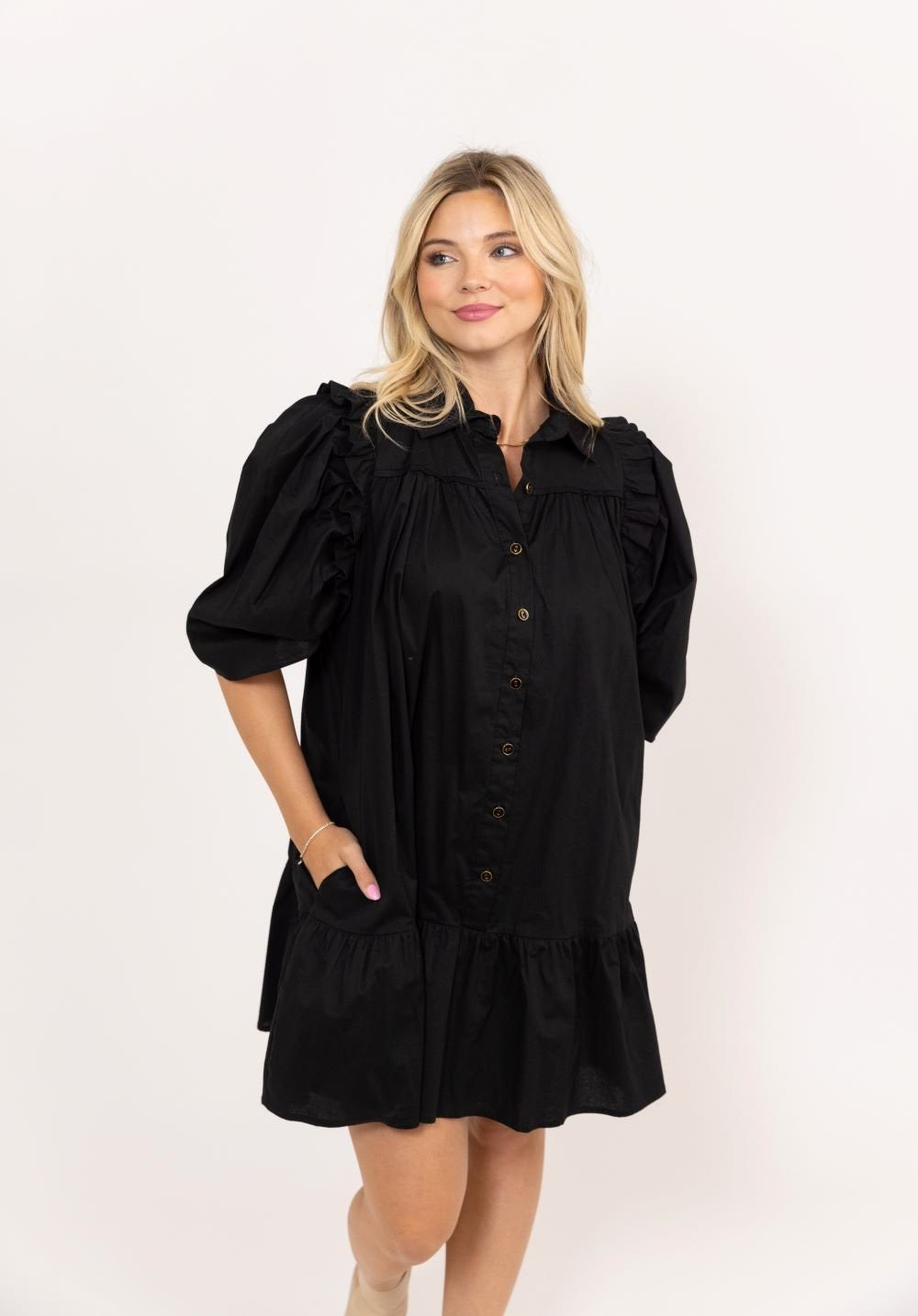 Solid Button Puff Sleeve Ruffle Dress - Blissful Boutique