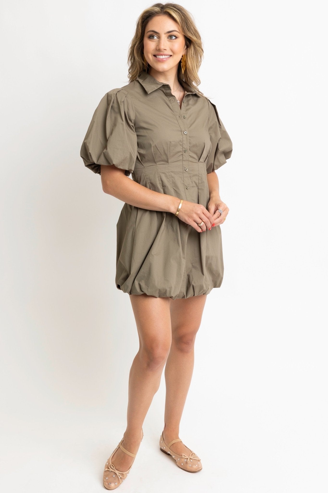 Solid Pleat Bubble Hem Shirt Dress - Blissful Boutique