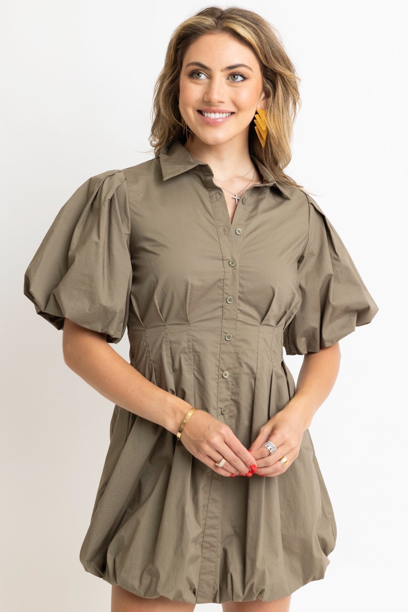 Solid Pleat Bubble Hem Shirt Dress - Blissful Boutique