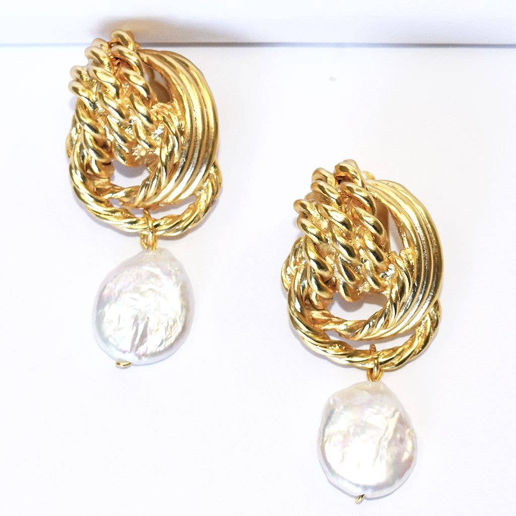 Twisted rope knot clip on earring with flat pearl drop - Blissful Boutique