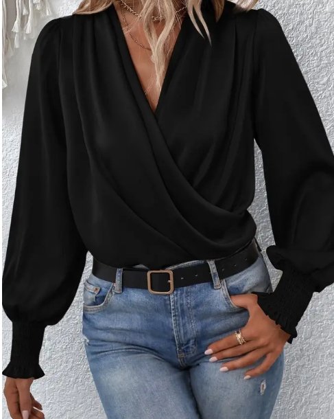 V - neck Pullover Long Sleeve Blouse Black - Blissful Boutique