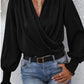 V - neck Pullover Long Sleeve Blouse Black - Blissful Boutique