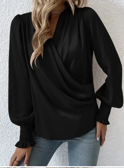 V - neck Pullover Long Sleeve Blouse Black - Blissful Boutique