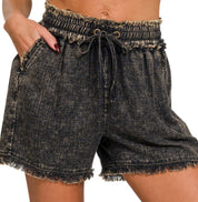 WASHED LINEN FRAYED HEM DRAWSTRING SHORTS - Blissful Boutique