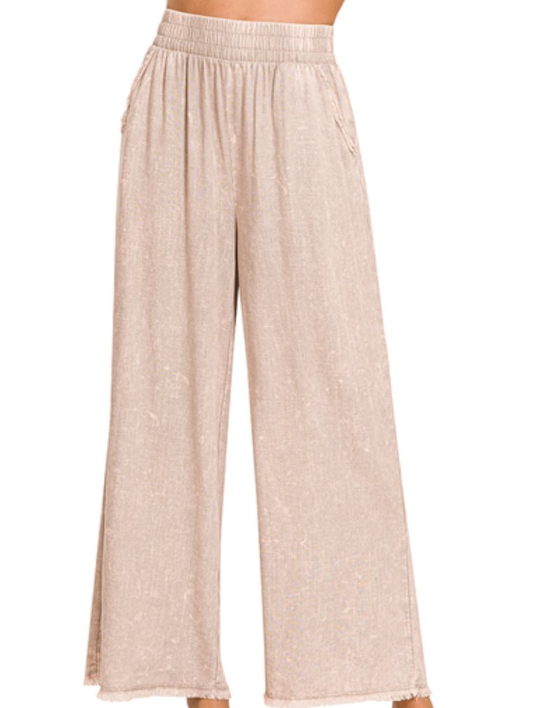 WASHED LINEN FRAYED HEM ELASTIC BAND WAIST PANTS - Blissful Boutique