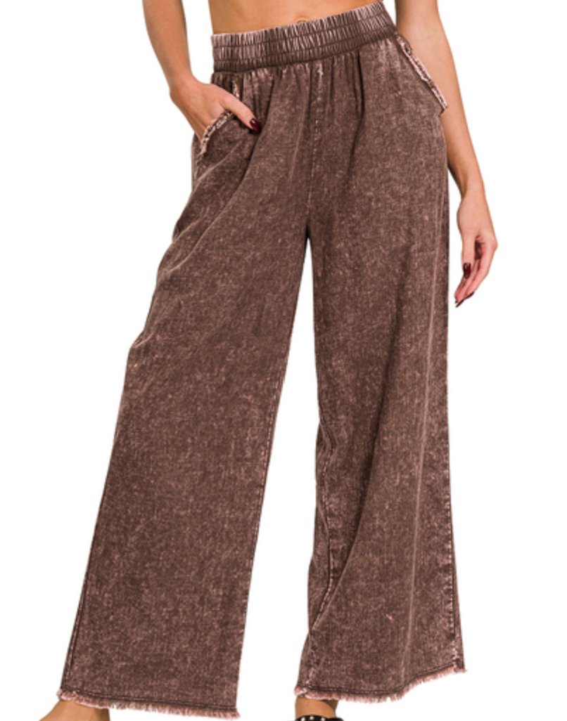 WASHED LINEN FRAYED HEM ELASTIC BAND WAIST PANTS - Blissful Boutique