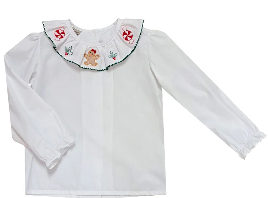 White Embroidered Christmas Blouse - Blissful Boutique