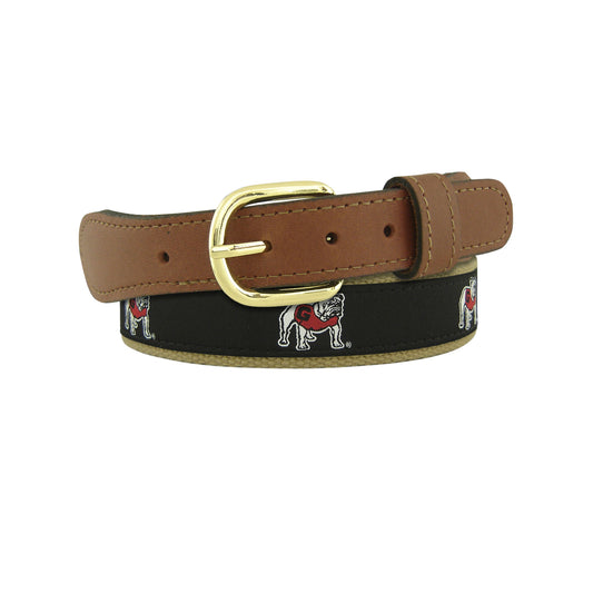 UGA Standing Bulldog Leather Ribbon Belt